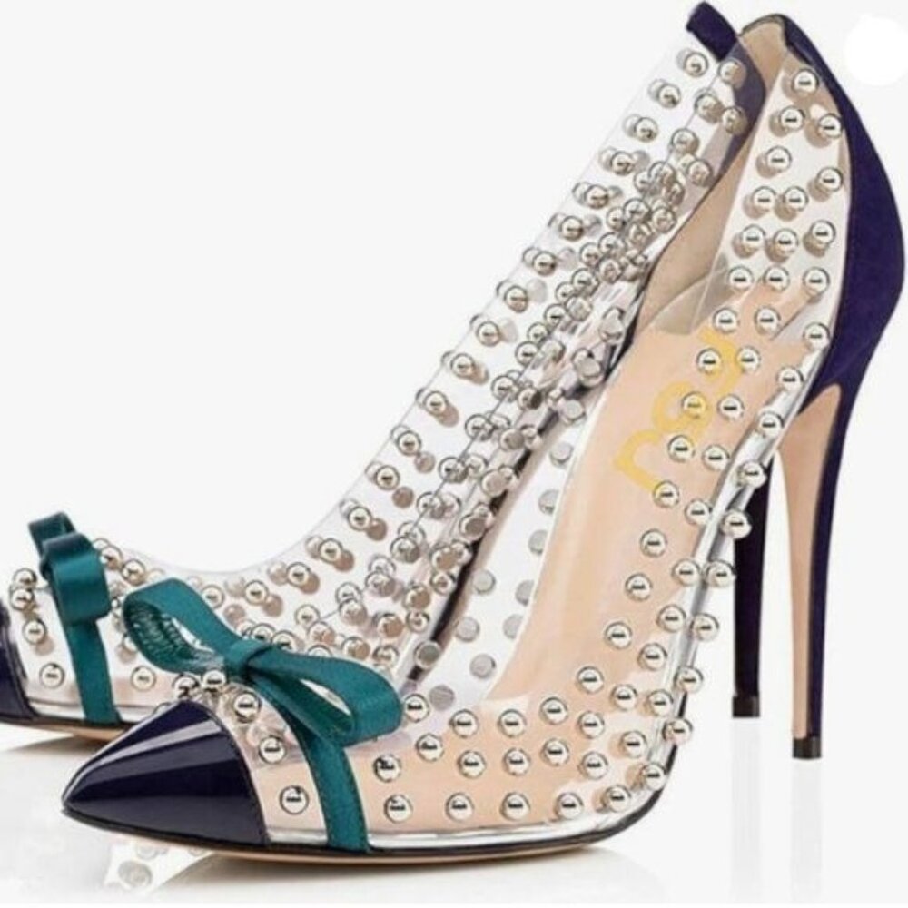 FSJ Women Studded Pointed Toe Transparent Pumps High Heels Shoes with Cute